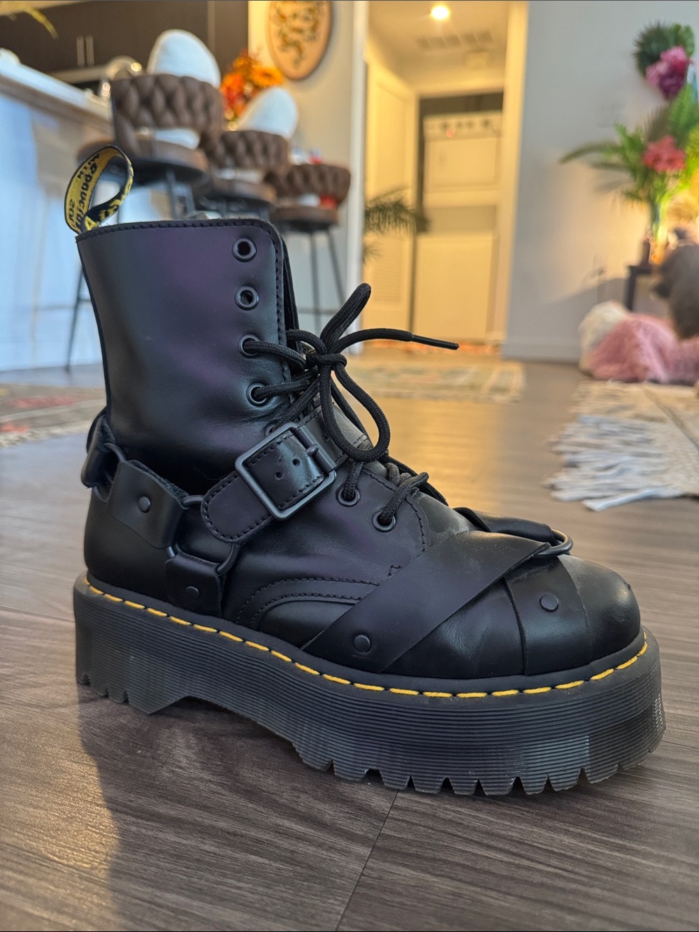 Dr. Martens Black Leather Platform Combat Boots with Yellow Stitching - Picture 3 of 7